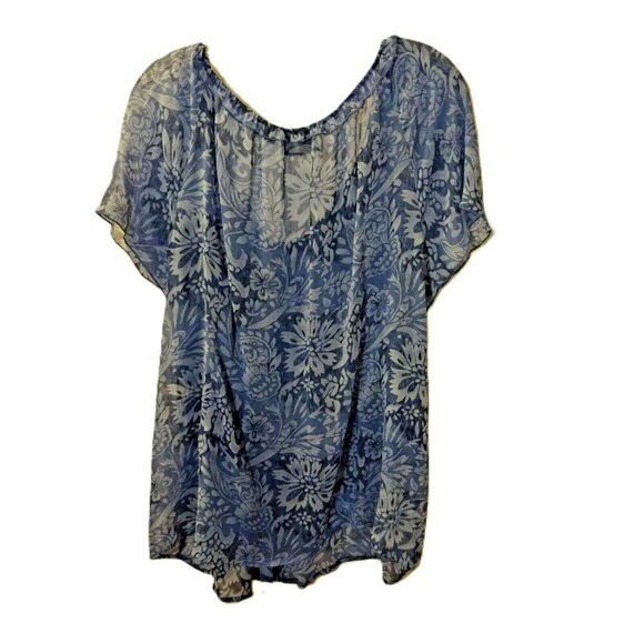 Avenue 26/28 Blue Sheer Polyester Button Front Elastic Neck Blouse - Picture 3 of 8